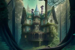 fantasy victorian house surrounded by forest, perspective from below