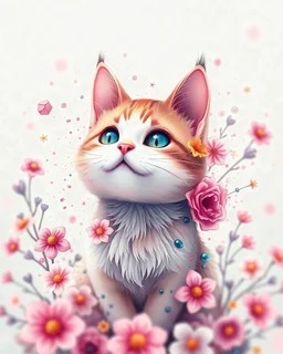 A detailed illustration of a print of a colorful cat, fantasy flowers splash, vintage t-shirt design, in the style of Studio Ghibli, light white and pink pastel tetradic colors, 3D vector art, cute and quirky, fantasy art, watercolor effect, bokeh, Adobe Illustrator, hand-drawn, digital painting, low-poly, soft lighting, bird's-eye view, isometric style, retro aesthetic, focusedon the character, 4K resolution, photorealistic rendering, usingCinema 4D