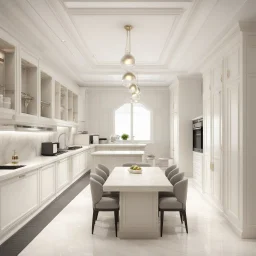 hotel kitchen, modern classic style, white colors, 3d