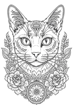 cat Tattoo coloring book page, white background, Sketch style, only use outline, cartoon style, line art.