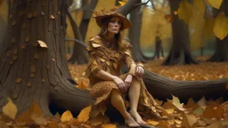 woman in clothes made of tiny autumn leaves, legs and arms made from branches, sitting next to a tree stump, in an autumn wood