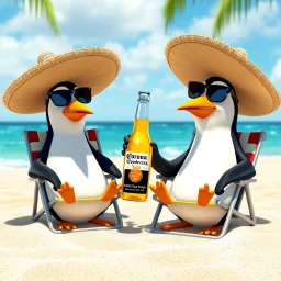 Pixar style, penguins on a tropical beach sitting in beach chairs wearing shades and large sombreros; they are drinking corona beer out of the bottle