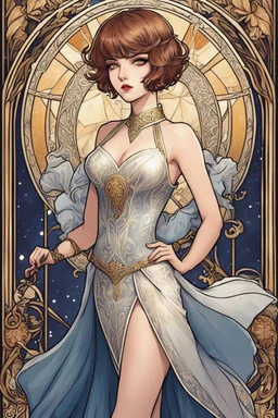 anime-like fierce Woman with short haircut in revealing dress - Tarot Card - Art Nouveau