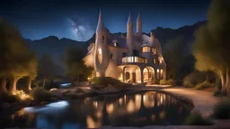 beautiful house, perfect architecture, style Antoni Gaudi, rural environment, night, stars, volumetric lighting, trees, river, distant mountains, award-winning photograph, photorealism, superb details, light and shade, beautiful composition, arts-and-crafts, attractive, peaceful, exquisite