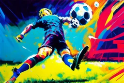 Oil painting, football match, the striker is kicking a goal, the ball is flying, bright but not neon colours, dynamic lines, dynamic blobs, spots, lines in the background of the character, like a colour explosion, A visually striking piece filled with dynamic brushstrokes, reminiscent of the impasto technique used in Vincent Van Gogh's Post-Impressionist paintings. The composition features bold colors and unblended strokes, creating a sense of depth and movement that defies traditional art style