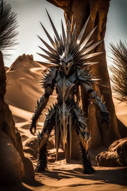 A sinister humanoid creature made entirely of sharpened metal blades and spikes stands before a metal tree in a desert cave. Photograph.