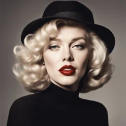 marilyn monroe, a blonde woman with short, wavy hair, is the focal point of the image. she's dressed in a dark brown turtleneck sweater, paired with a black hat and a black suit jacket. her lips are a vibrant red, and her eyes are a deep brown. her hair, a light shade of blonde, is styled in loose waves, adding a touch of whimsy to her appearance. in the background, a man with a black hat and a white shirt is visible..,bokeh like f/0.8, tilt-shift lens 8k, high de