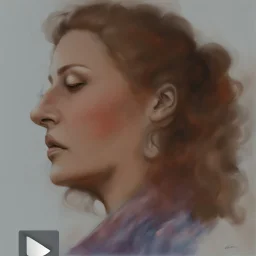 dibujo en grafito realista de rostro mujer 35 años nariz prominente aguileña gordita pelo rojo suelto ojos cerrados de perfil plano picado rasgos definidos boca abierta sufrimiento