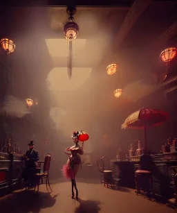 Surreal, steampunk , , cabaret scene. Geisha Asian woman. Fat old man, smoke, happy, hot, color fog, people background, highly detailed, concept art, unreal engine 5, god rays, ray tracing, RTX, lumen lighting, ultra detail, volumetric lighting, 3d, finely drawn, high definition, high resolution.