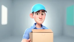 3d illustration of portrait handsome driver man wearing helmet and delivery box. half body. pixar. cute style