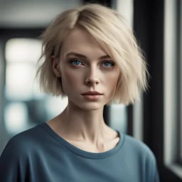 ultra realistic photograph of a very thin young woman with short blonde hair and blue eyes wearing a loose black teeshirt