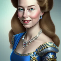 Disney Portrait of a queen elisabeth, dark hair, sharp dark eyes, bright blue lighting, sarcastic smile, sharp focus hair.