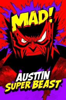 mania comic scary super hero mad crazy wild super head big title with movie poster title: Austin super beast, 90s style, angry fast, extreme, wild, so so so so angry, tough red and purple background with 90s comic style slashes