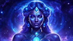 Full body portrait of a peaceful smiling gorgeous Goddess of the galaxies with a blue indigo purple skin, high skul, luminous eyes