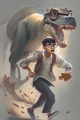 Draw Talha, a young, polite, beautiful, athletic young man, 11 years old, wearing glasses, holding a book, being chased by a T-Rex, with short hair