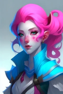 young female dnd air genasi with pale blue skin and deep pink ombre hair