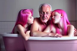 digital art of beautiful young pink hair teenage girls with dad in the bedroom in a bathtub with grandpa hugging bare lips