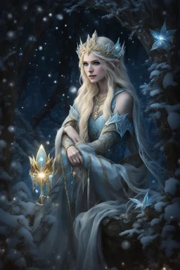 Elven princess,elven crown,long blonde golden hair,rapunzel hair,ice flowers,beautiful,light blue,dark blue,golden armor,sparkle,glitter,ice flowers,snow,elven ears,dark fairy princess