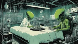 [art by Dorohedoro] two green extra terrestrial aliens in their experiment lab in the 60ties, tubes and cables and liquids everywhere, a large bed in the middle