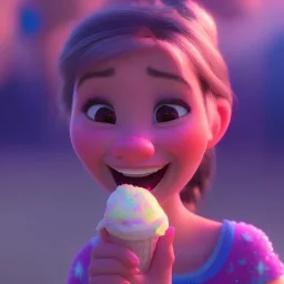 cute, smileing girl eating ice cream, candies flying all around her, Pixar, disney, cinema lighting, gaming, 8k, magic, love --q 1 --v 4