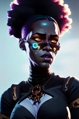 portrait,beautiful black woman, large afro hair style, post-apocalyptic in a cyberpunk city, realistic, intriacte detail, sci-fi fantasy style, volumetric lighting, particales,highly detailed,cinamatic, deep colours,8k