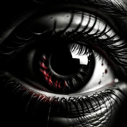 the image is a powerful and emotive black and white close-up photograph of a human eye a red Tear is running, The eye's iris reflects a poignant scene, a devastated environment, a natural disaster, chaos or abandonment. The reflection in the iris is sharp and detailed, suggesting a deep connection between the viewer and the scene being observed.