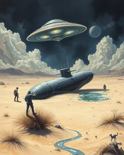 Bosch painting nightmare A nuclear submarine left in the desert with sands and a little water and stormy clouds ,moved by a ufo spaceship and aliens are surrounding the submarine examining the submarine is tied by iron rob lefter it up by the ufo spaceship in the water