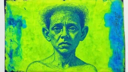 apathy, grotesque, art brut, outsider art, calotype combineted lime green and random color , cyanotype , conceptual art, batik style