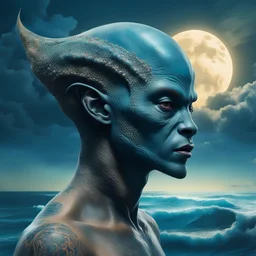 professional portrait of a alien race tatooed typ, the head with 3d bony growths under the skin on the head normal face full body side view the backdrop sea and clouds the sea is ocean_blue the male is natural colored , abstract beauty, approaching perfection, delicate face, dynamic, moonlight, highly detailed, digital painting, artstation, concept art, smooth, sharp focus, illustration, art by Carne Griffiths and Wadim Kashin, shot with Sony Alpha a9 Il and Sony FE 200-600mm f/5.6-6.3 G OSS