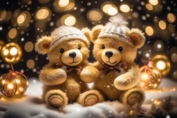 cute teddy bears holding hearts covered in sparkling gold glitter, beautiful winter composition, snowflakes, pine branches, Christmas ornaments and glowing Christmas lights