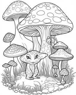 Coloring pages: Whimsical lion in A magical mushroom haven, complete with whimsical fairy houses and enchanting toadstools.