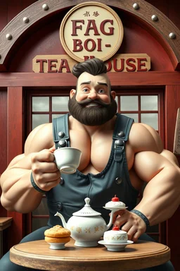 BOY mechanic man with SUPER MASSIVE huge muscles ON MUSCLES and his top off enjoying high tea by himshelf with little cakes, large SIGN THAT HAS A title( - FAG - BOI - TEA HOUSE) BOYISH CUTE FLUFFY