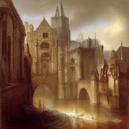 Rembrandt, magic, castle, rain, landscape, snow, bright foreground, dragons