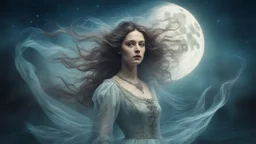 Victorian era, portrait of a beautiful woman 30 years old, beautiful airy dress, double exposure, fantasy, mysticism, night, fog, flowing hair, moon, water, sparkles, fine drawing, clear lines, bright colors, high resolution, 3D, clear lines, photorealism,