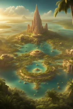 This 8K high-definition image depicts the scene of Atlantis. Rich architecture and vegetation adorn its surface, while iconic ring-shaped structures are distributed across the landscape, showcasing the prosperity of an advanced civilization. The interplay of light and shadow highlights intricate details, creating a mysterious and grandiose portrayal that invites contemplation of the splendor of this civilization. Bright rich colors and gold, grand in scale highly detailed