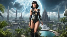 Photorealistic, full Body Photo Of A slim Exotic Sci-Fi Pin-Up Girl, With dark Hair and Bangs, on an alien jungle Planet With Cloud Trees, Tall Spires, Buildings, Bridges, Arches, a stormy skyline, with lightning