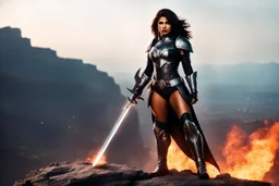 Priyanka Chopra is a legendary doom slayer, feared and revered for her unmatched skill in battle and her powerful magic flaming dark sword. she stands, in a agent provocateur armour, on the top of the cliff, to fight. Minimalist, bokeh