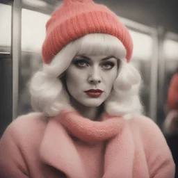 Jayne mansfield, sad,in the metro in the style of a polaroid,, pink,orange, red, with a knitted hat