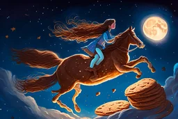 a long, brown-haired girl rides a horse dynamically across the night sky, leaping over a pile of different cookies. Shining moon, in starshine