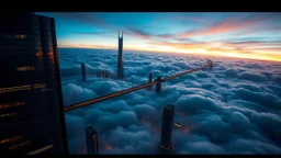 A city floating above the earth, high up in the clouds, sleek, futuristic skyscrapers pierce the sky, floating pathways connect the buildings, flying cars move through the air. The clouds below shift and change colour reflecting the vibrant city lights. Award-winning photograph, beautiful composition, very detailed, 80mm focal length, rule of thirds.