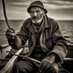 Fotografía real de un pescador argentino, humilde, con gesto de preocupación y que pesca para sobrevivir.