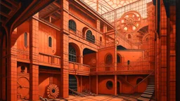 A light rosy orange colored warehouse with gears painted by MC Escher