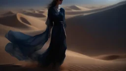 dark and mysterious, An expansive desert with rolling sand dunes, where the heat creates a surreal mirage effect, a single woman of Middle Eastern descent in a flowing dress, squinting into the distance., dark shadows and fog, blurred, neo-expressionism