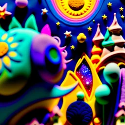 Detailed close-up street made of modeling clay and felt, village, stars, galaxy and planets, fairy, sun, volumetric light, Max Ernst, flowers, naïve, Tim Burton, strong texture, extreme detail, Yves Tanguy, decal, rich moody colors, sparkles, Harry Potter, bokeh, odd