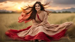 Hyper Realistic Photographic View Of a Young Beautiful Pashto Woman With Long Brown Hair & Beautiful Eyes Wearing Beige-Dress & Red Dupatta Smiling & Sitting On Long Grass Overlapping Her Dress & Her Hair Is Whirling With Cold Breeze At Cloudy Sunset Showing Dramatic & Cinematic Ambiance.