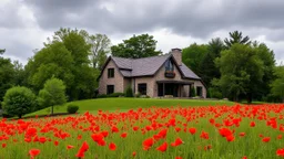 A modern stone house is surrounded by trees and a field of red poppies. The sky is cloudy and overcast.