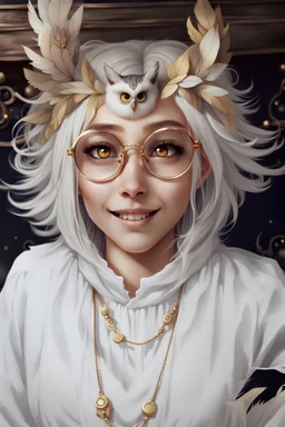 Cute Girl with White hair and owl feathers, Big Round Glasses, White dress, gold eyes, cute smile, alchemist, high detail,