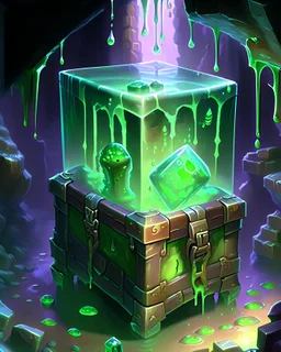 a slimy dripping gelatinous cube in vast dungeon cave room with treasure chests rpg art painterly