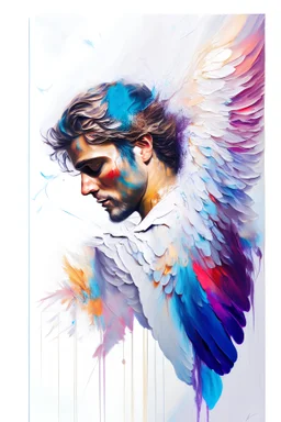 A detailed beautiful illustration of a human with wings. Skin, hair and face are all made of paint. No facial features. Front view. Abstract Oil painting splash art. White background, wide angle, abstract design, beautiful, thick flowing paint strokes, fantasy art, modern art, ((soft happy complimentary colors,)) modern aesthetic, focused on the character, 4K resolution.