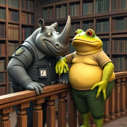 close up 3d illustration very fat yellow and green color big anthropomorphic frog in simple t-shirt and pants stands close and elbowing on an old wooden railing next to each other and talking with a strong gray color anthropomorphic rhinoceros without horns in modern security guard clothes, they talking and elbowing on an old wooden railing next to each other, in background a bibliothek with tall book shelves, detailed sci-fi, fantasy mood